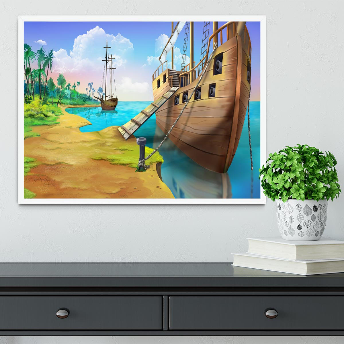 Pirate ship on the shore of the Pirate Island Framed Print - Canvas Art Rocks -6