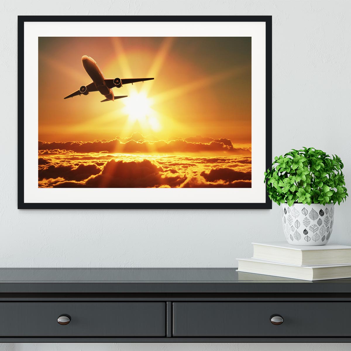 Plane takes off at sunrise Framed Print - Canvas Art Rocks - 1