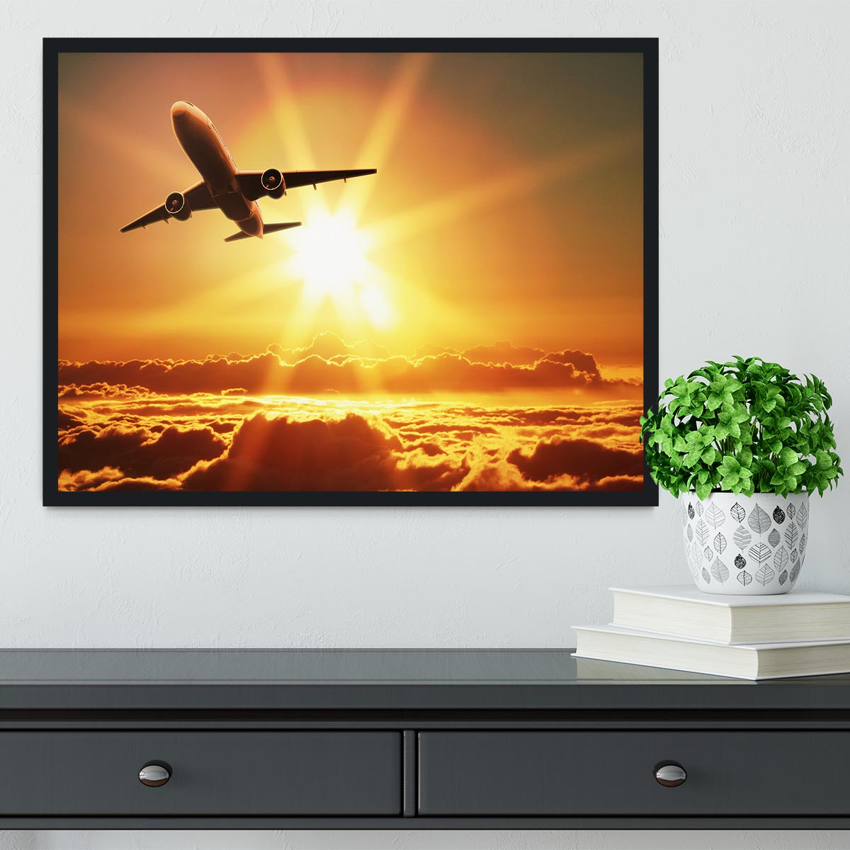 Plane takes off at sunrise Framed Print - Canvas Art Rocks - 2