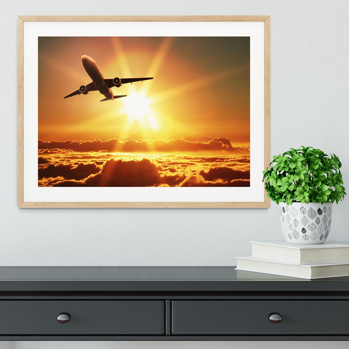 Plane takes off at sunrise Framed Print - Canvas Art Rocks - 3