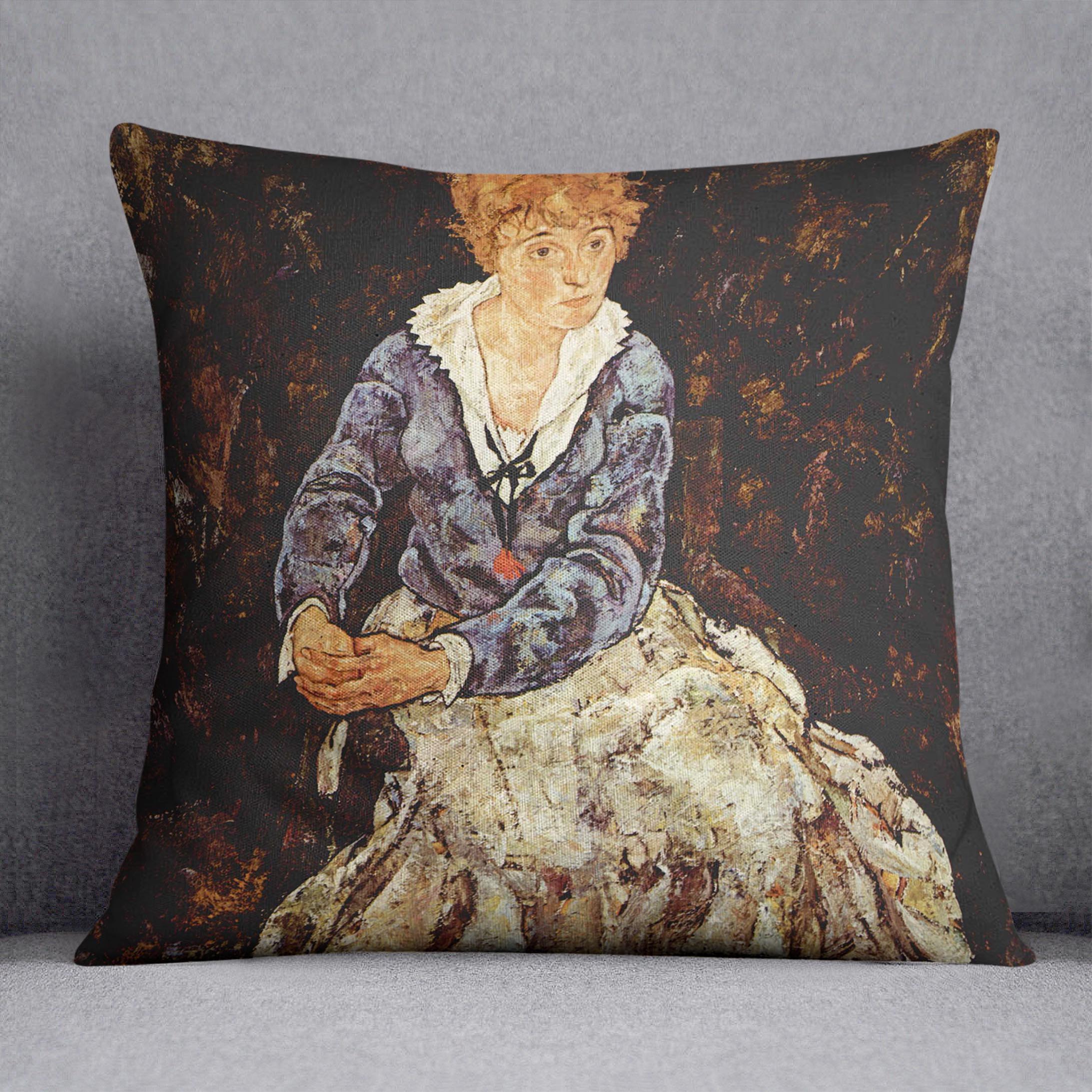 Portrait of Edith Egon Schiele sitting by Egon Schiele Cushion