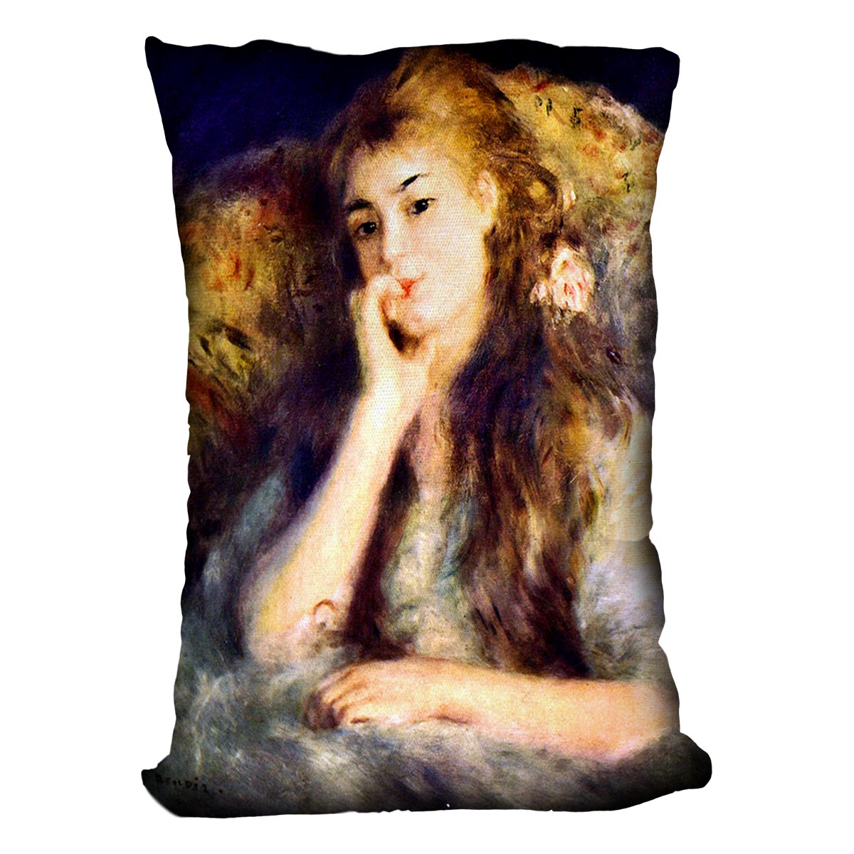 Portrait of a girl in thoughts by Renoir Cushion
