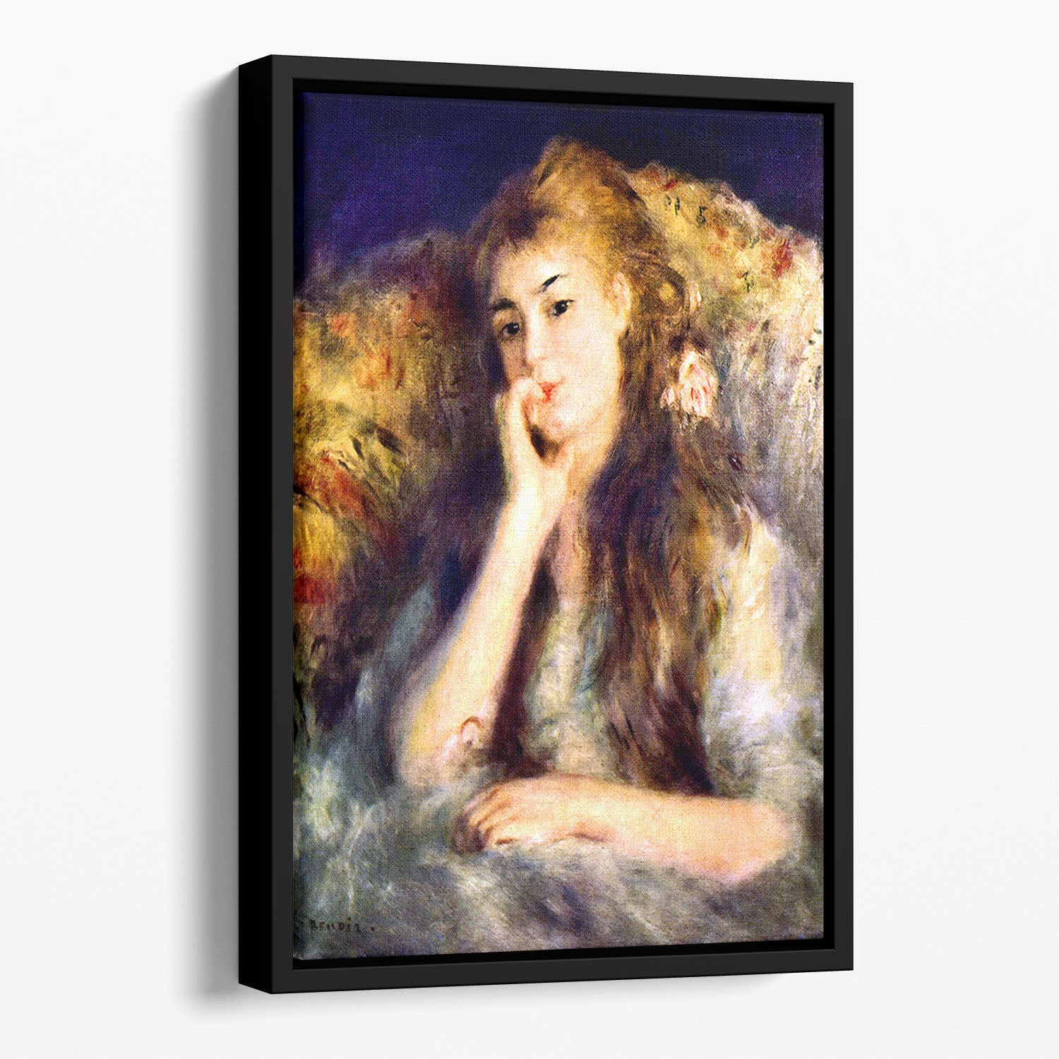Portrait of a girl in thoughts by Renoir Floating Framed Canvas