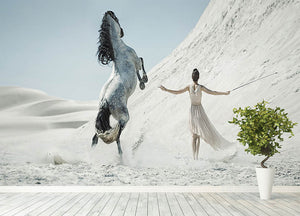 Pretty lady with white horse on the desert Wall Mural Wallpaper - Canvas Art Rocks - 4