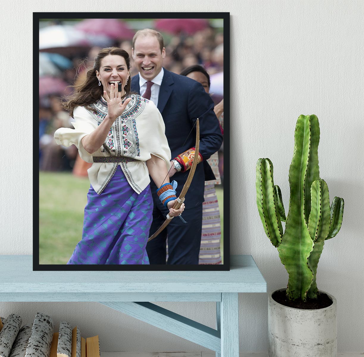 Prince William and Kate laughing trying archery in Bhutan Framed Print - Canvas Art Rocks - 2