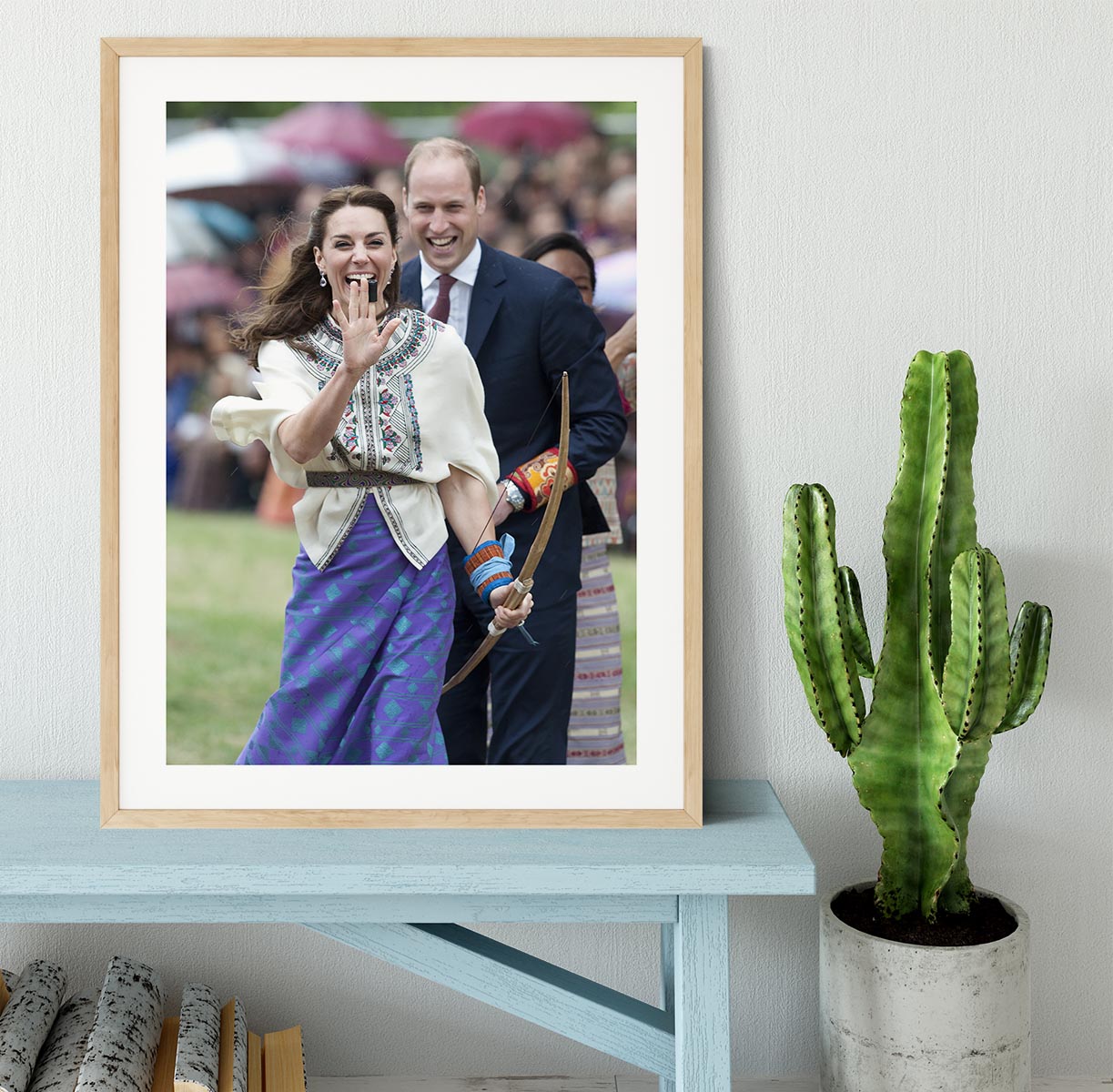 Prince William and Kate laughing trying archery in Bhutan Framed Print - Canvas Art Rocks - 3