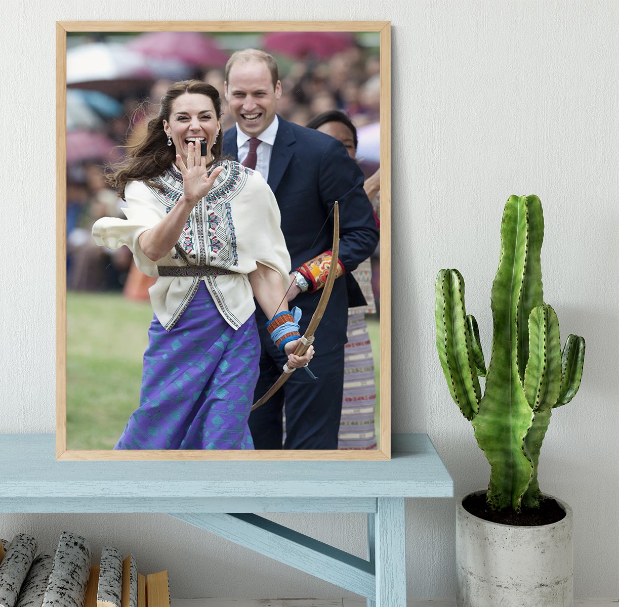 Prince William and Kate laughing trying archery in Bhutan Framed Print - Canvas Art Rocks - 4