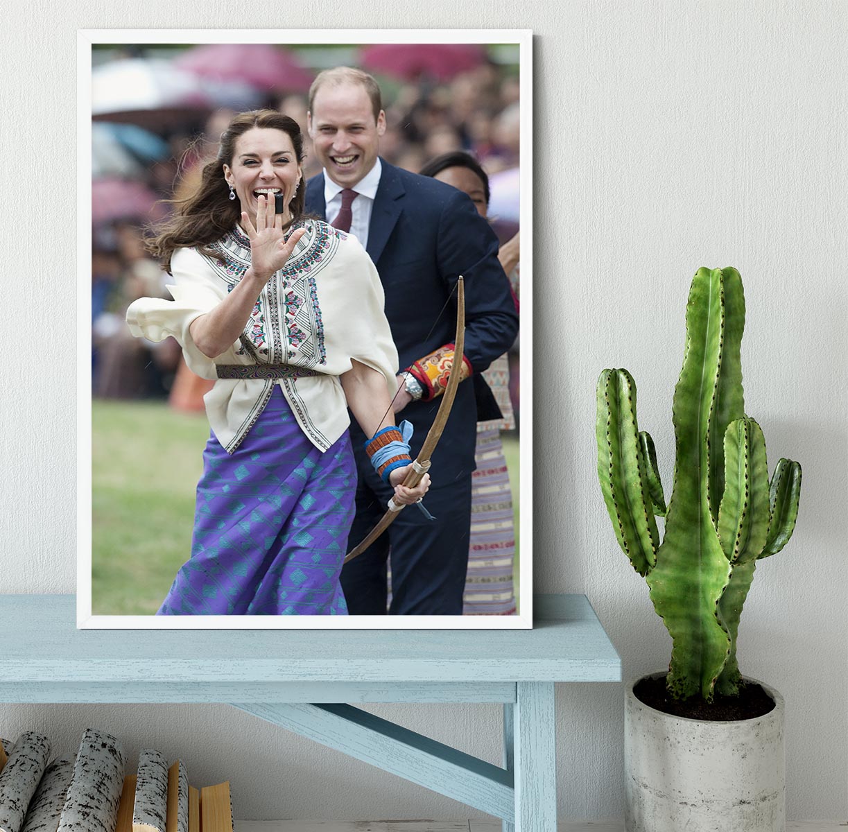 Prince William and Kate laughing trying archery in Bhutan Framed Print - Canvas Art Rocks -6