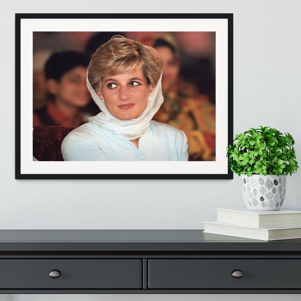 Princess Diana in Lahore wearing a white headscarf Framed Print - Canvas Art Rocks - 1