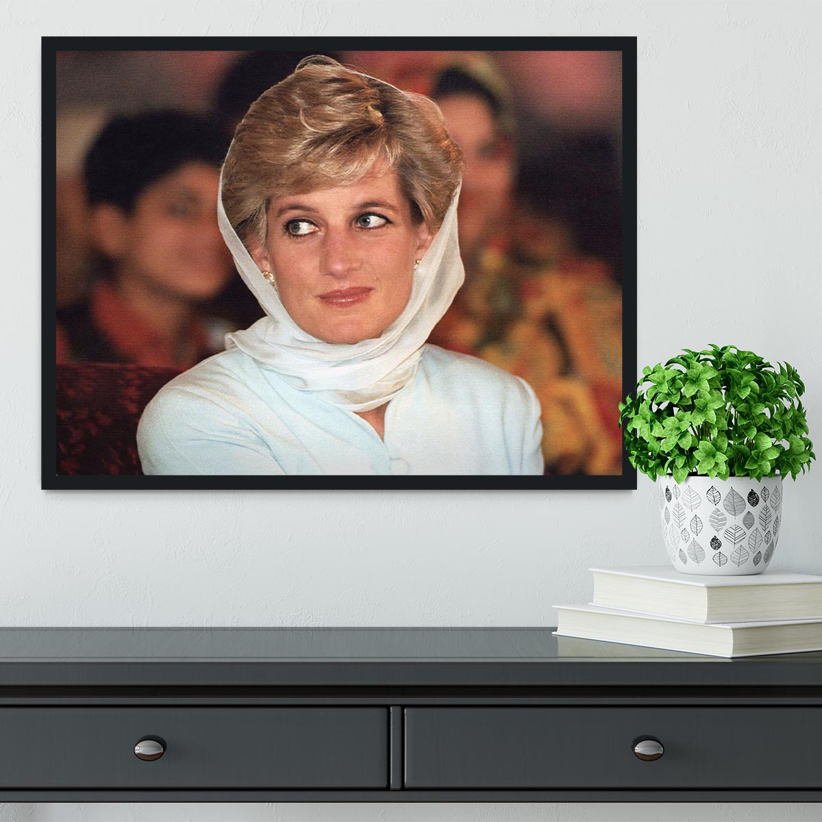 Princess Diana in Lahore wearing a white headscarf Framed Print - Canvas Art Rocks - 2