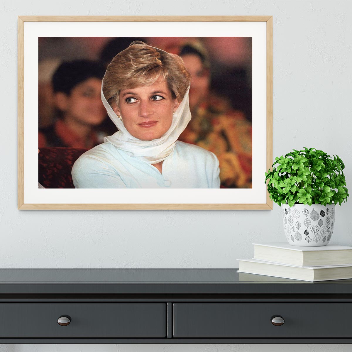 Princess Diana in Lahore wearing a white headscarf Framed Print - Canvas Art Rocks - 3