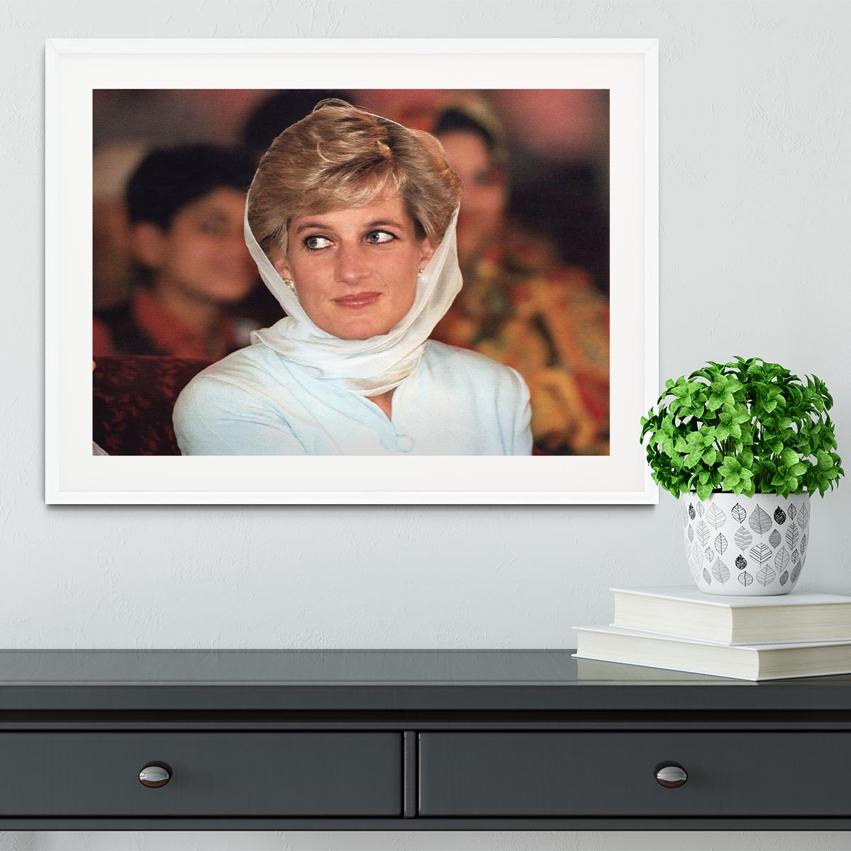 Princess Diana in Lahore wearing a white headscarf Framed Print - Canvas Art Rocks - 5