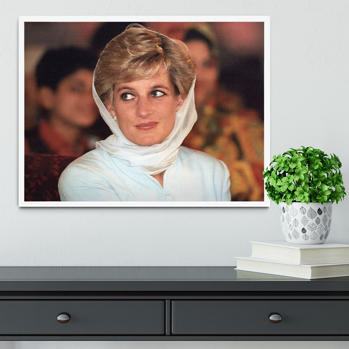 Princess Diana in Lahore wearing a white headscarf Framed Print - Canvas Art Rocks -6