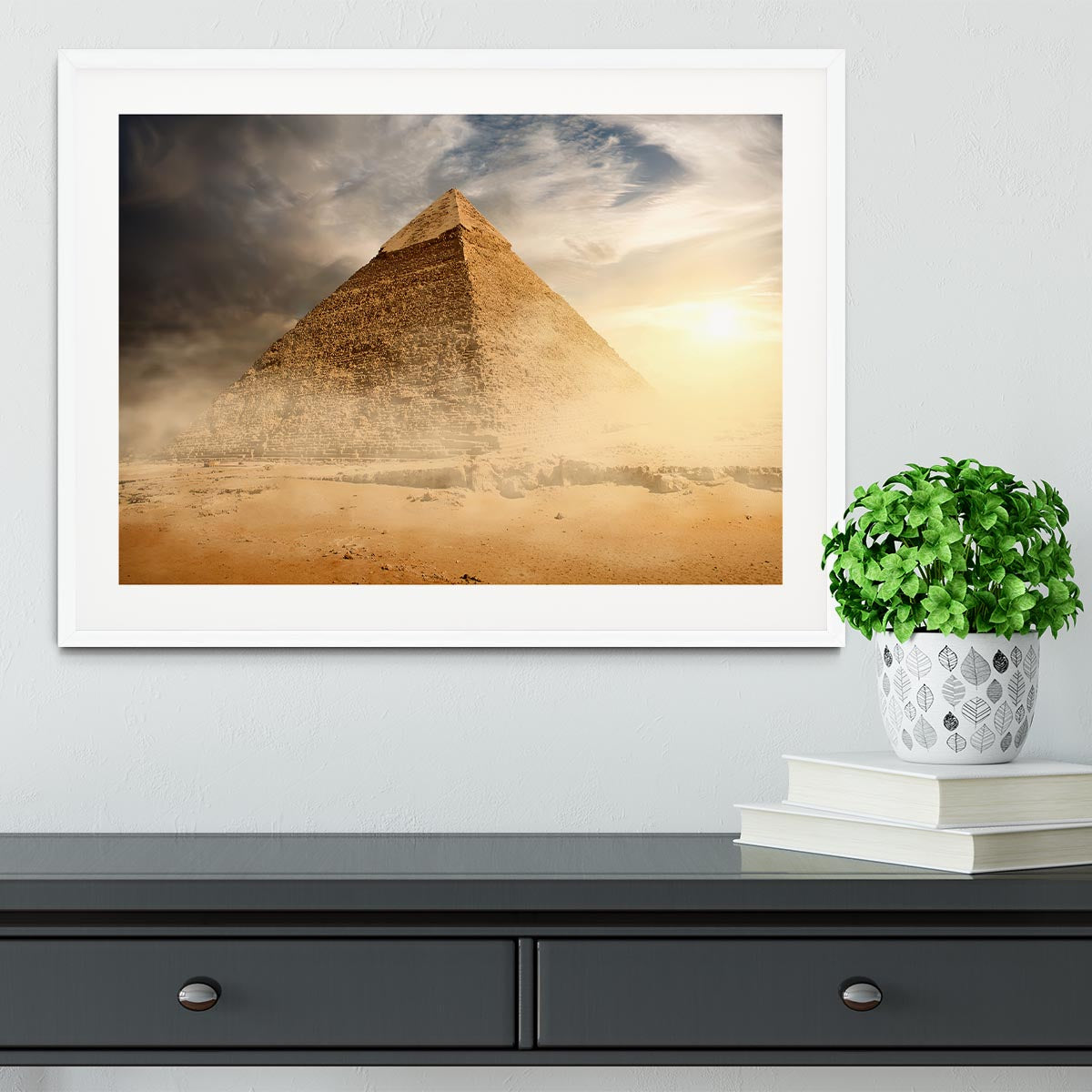 Pyramid in sand dust under clouds Framed Print - Canvas Art Rocks - 5