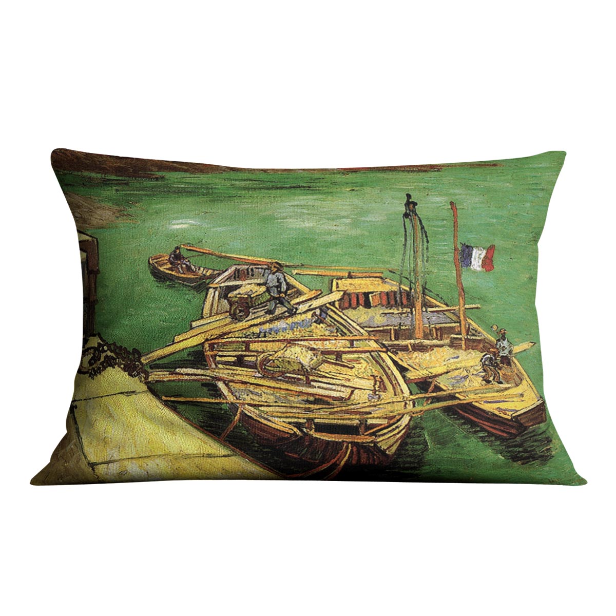 Quay with Men Unloading Sand Barges by Van Gogh Cushion