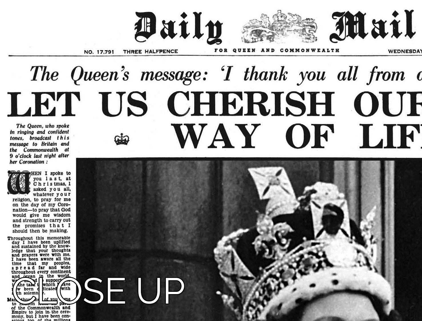 Queen Elizabeth II Coronation Daily Mail front page 3 June 1953 3 Split Panel Canvas Print - Canvas Art Rocks - 3