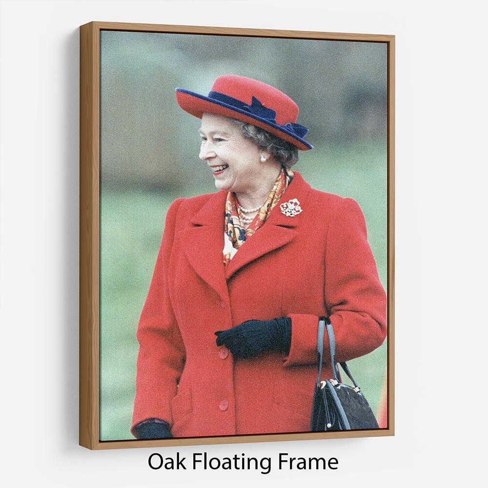 Queen Elizabeth II in a striking red coat at church in Norfolk Floating Frame Canvas
