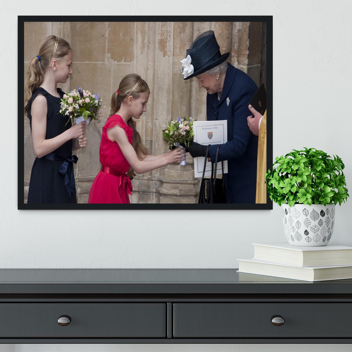 Queen Elizabeth II receiving flowers at a VE Day ceremony Framed Print - Canvas Art Rocks - 2