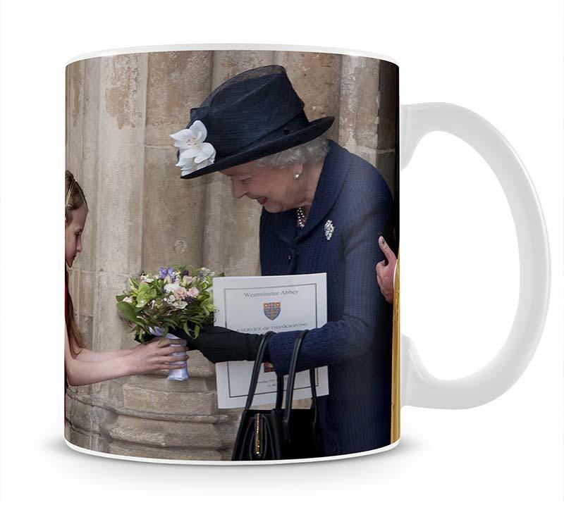 Queen Elizabeth II receiving flowers at a VE Day ceremony Mug - Canvas Art Rocks - 1