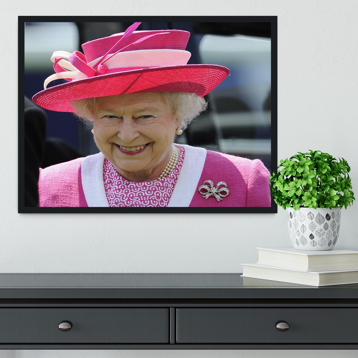 Queen Elizabeth II smiling at the Derby Framed Print - Canvas Art Rocks - 2