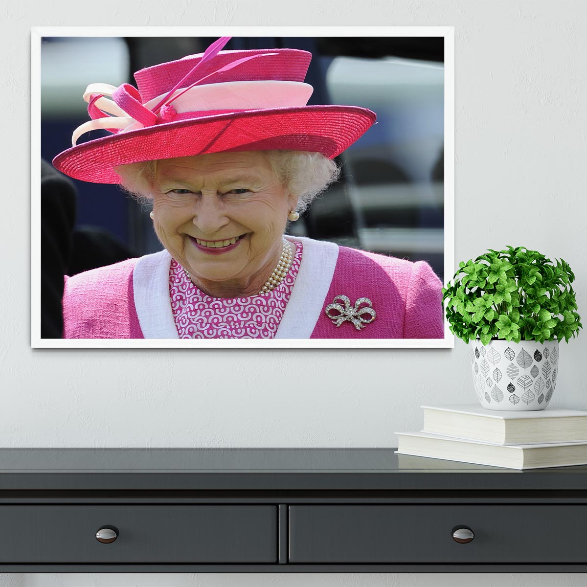 Queen Elizabeth II smiling at the Derby Framed Print - Canvas Art Rocks -6