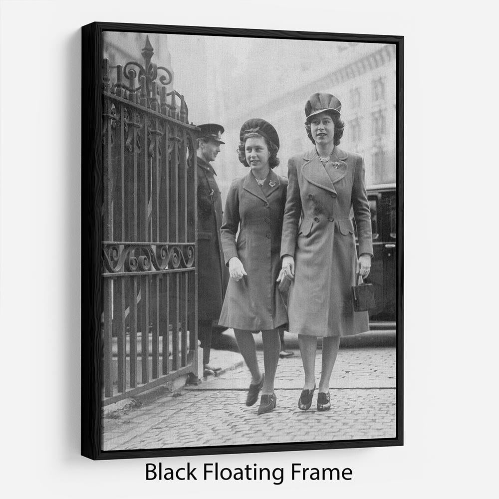 Queen Elizabeth II with Princess Margaret arriving at a wedding Floating Frame Canvas
