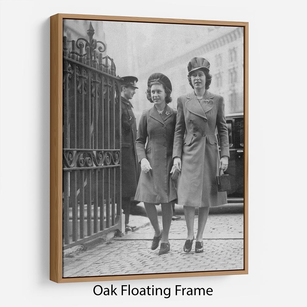 Queen Elizabeth II with Princess Margaret arriving at a wedding Floating Frame Canvas