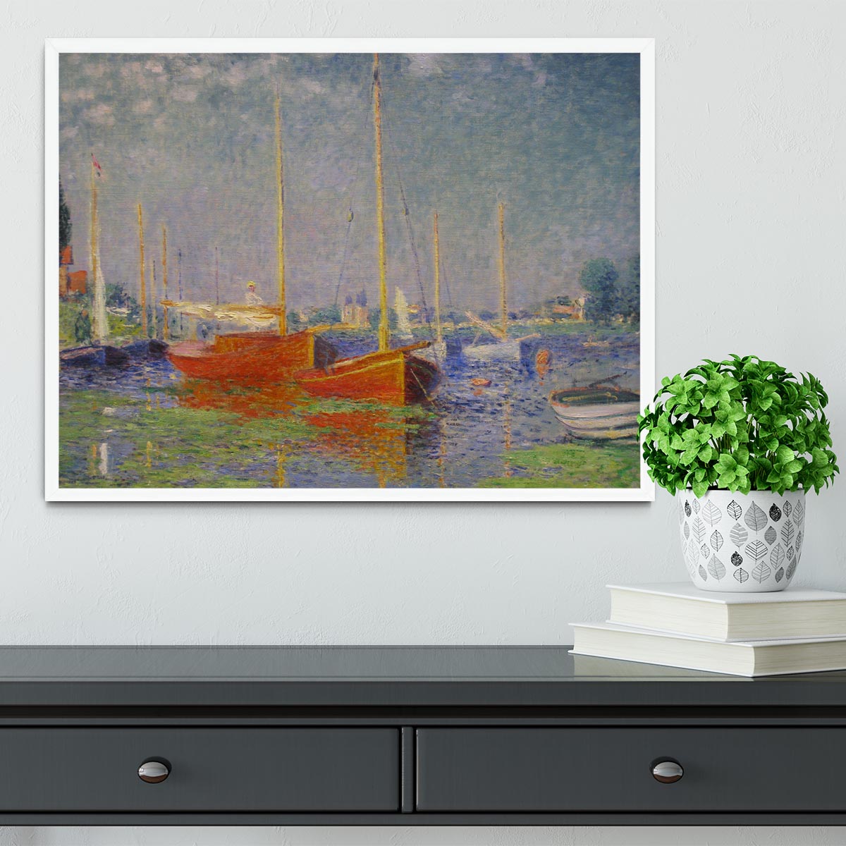 Red Boats at Argenteuil by Monet Framed Print - Canvas Art Rocks -6