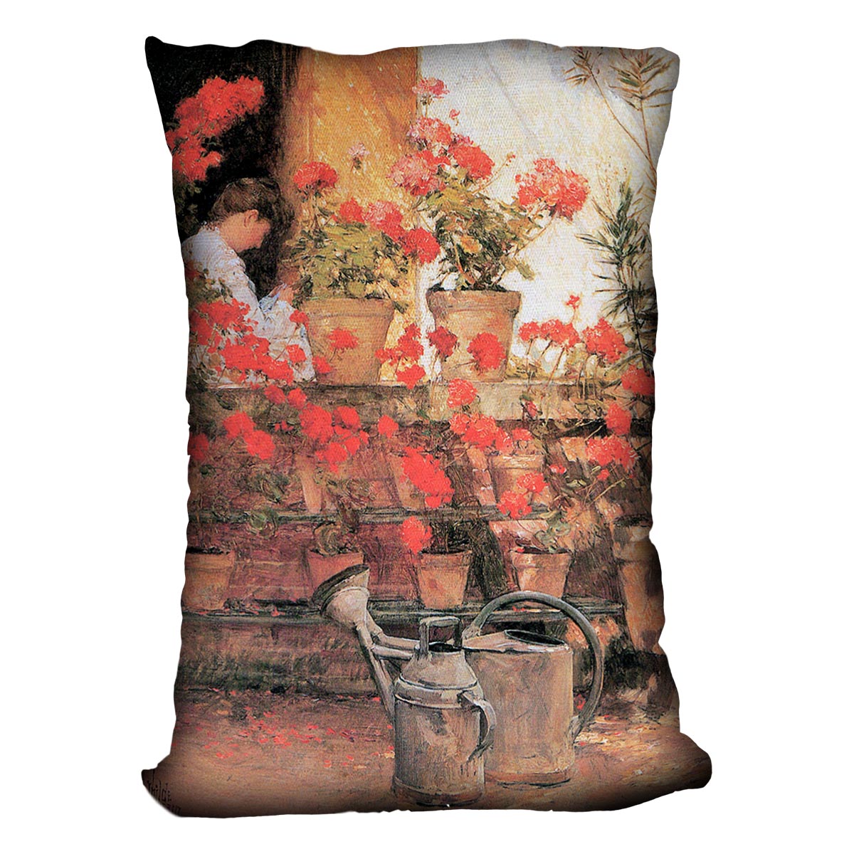 Red Geraniums by Hassam Cushion - Canvas Art Rocks - 4