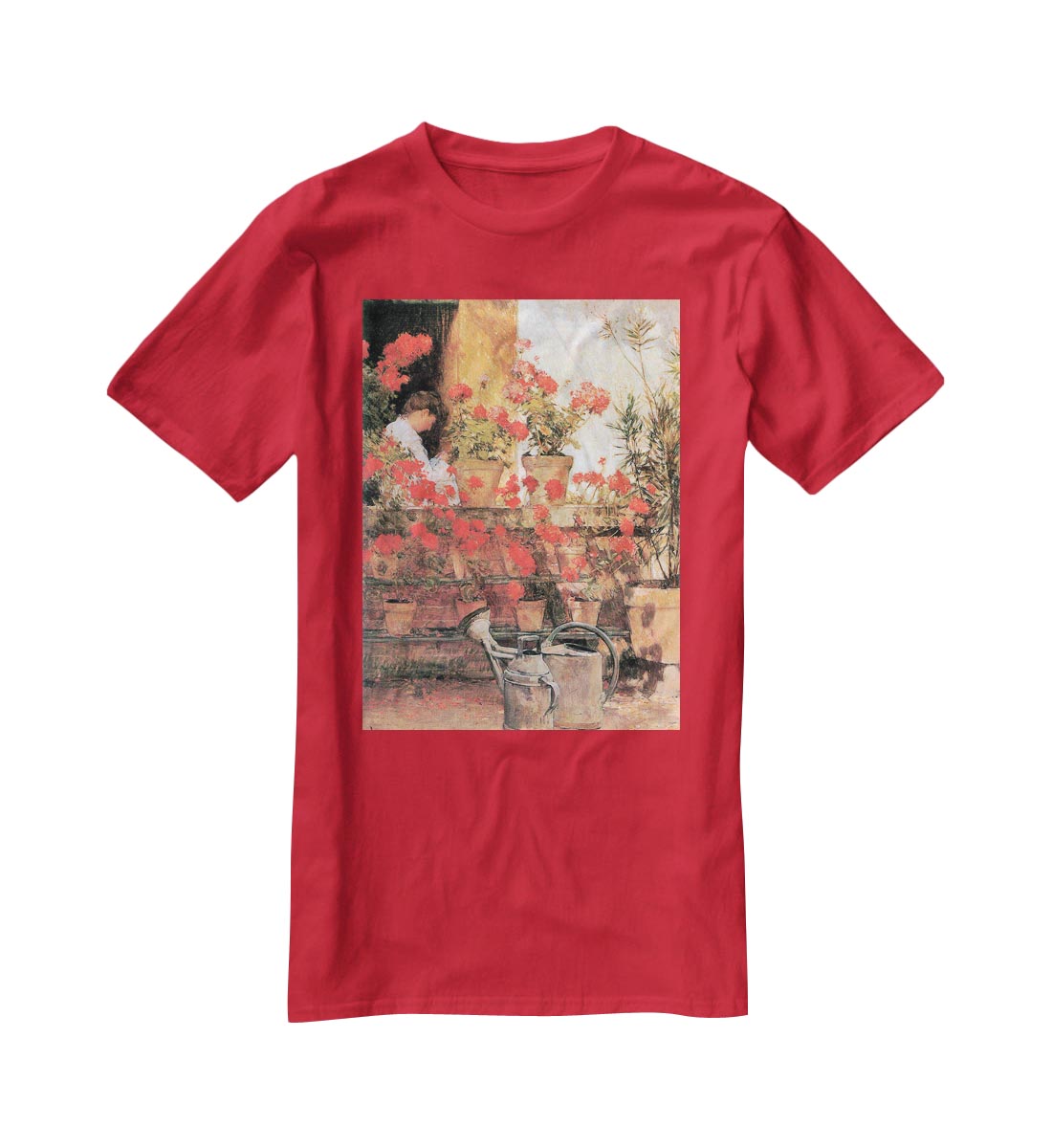 Red Geraniums by Hassam T-Shirt - Canvas Art Rocks - 4