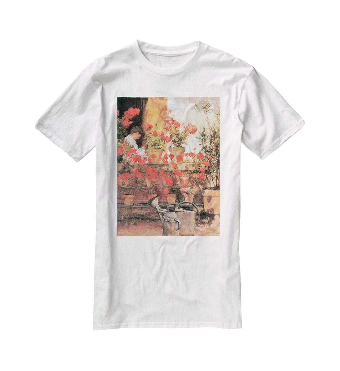 Red Geraniums by Hassam T-Shirt - Canvas Art Rocks - 5