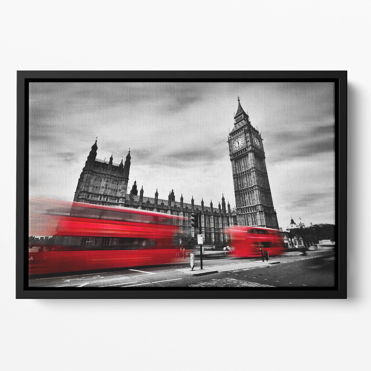 Red buses in motion and Big Ben Floating Framed Canvas