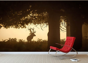 Red deer stag silhouette in forest Wall Mural Wallpaper - Canvas Art Rocks - 2