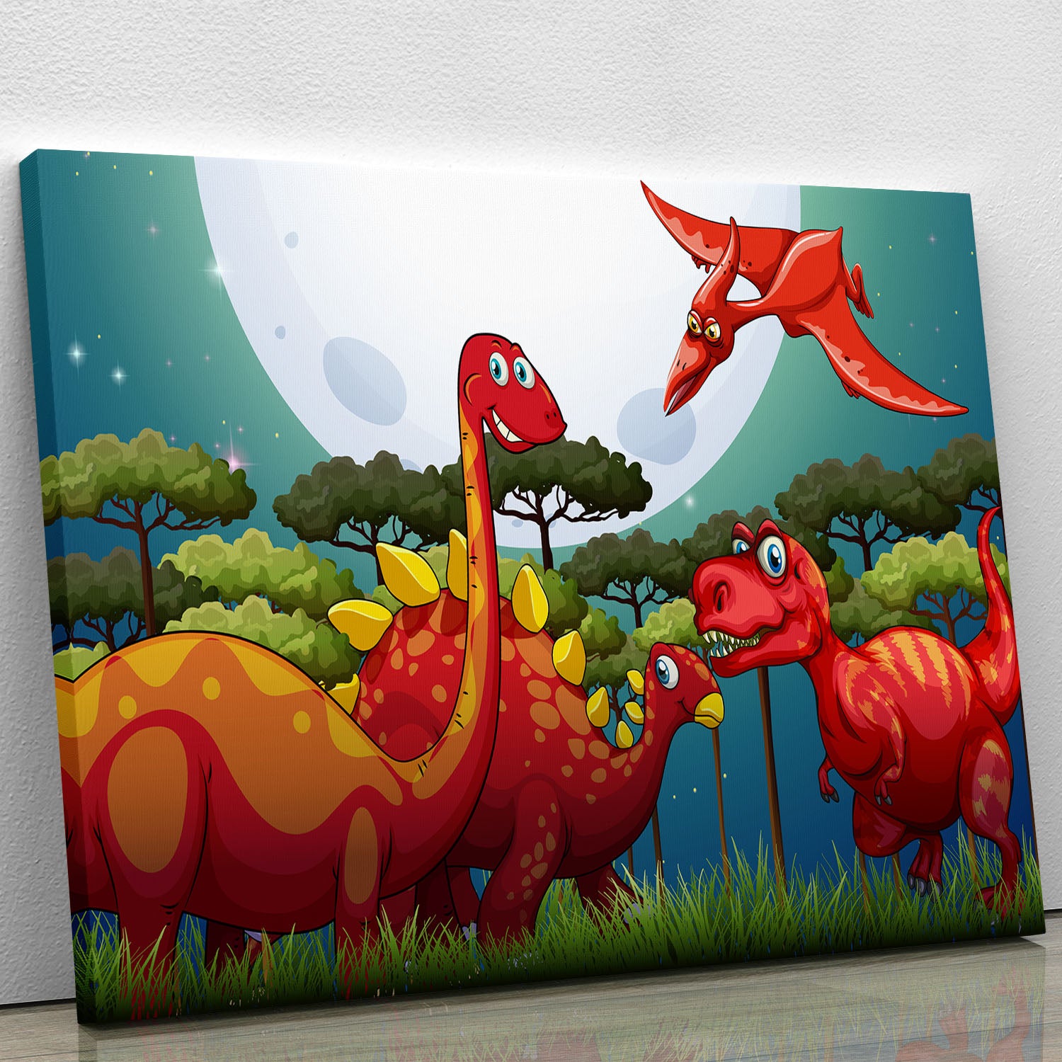 Red dinosuars under full moon Canvas Print or Poster - Canvas Art Rocks - 1