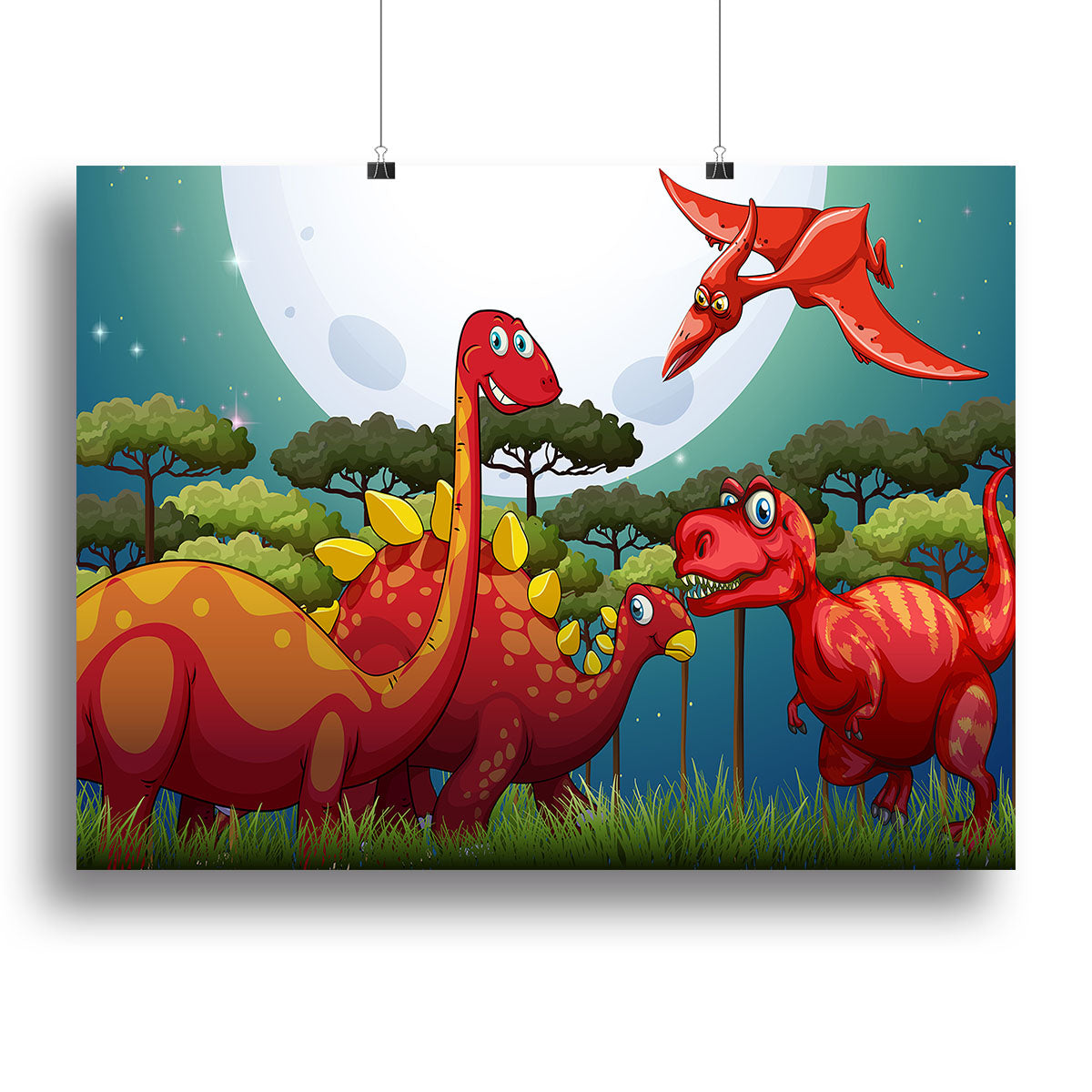 Red dinosuars under full moon Canvas Print or Poster - Canvas Art Rocks - 2