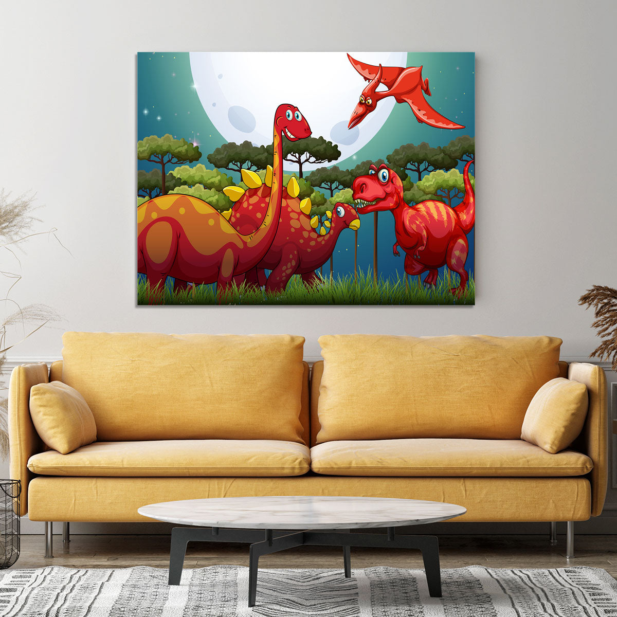 Red dinosuars under full moon Canvas Print or Poster - Canvas Art Rocks - 4