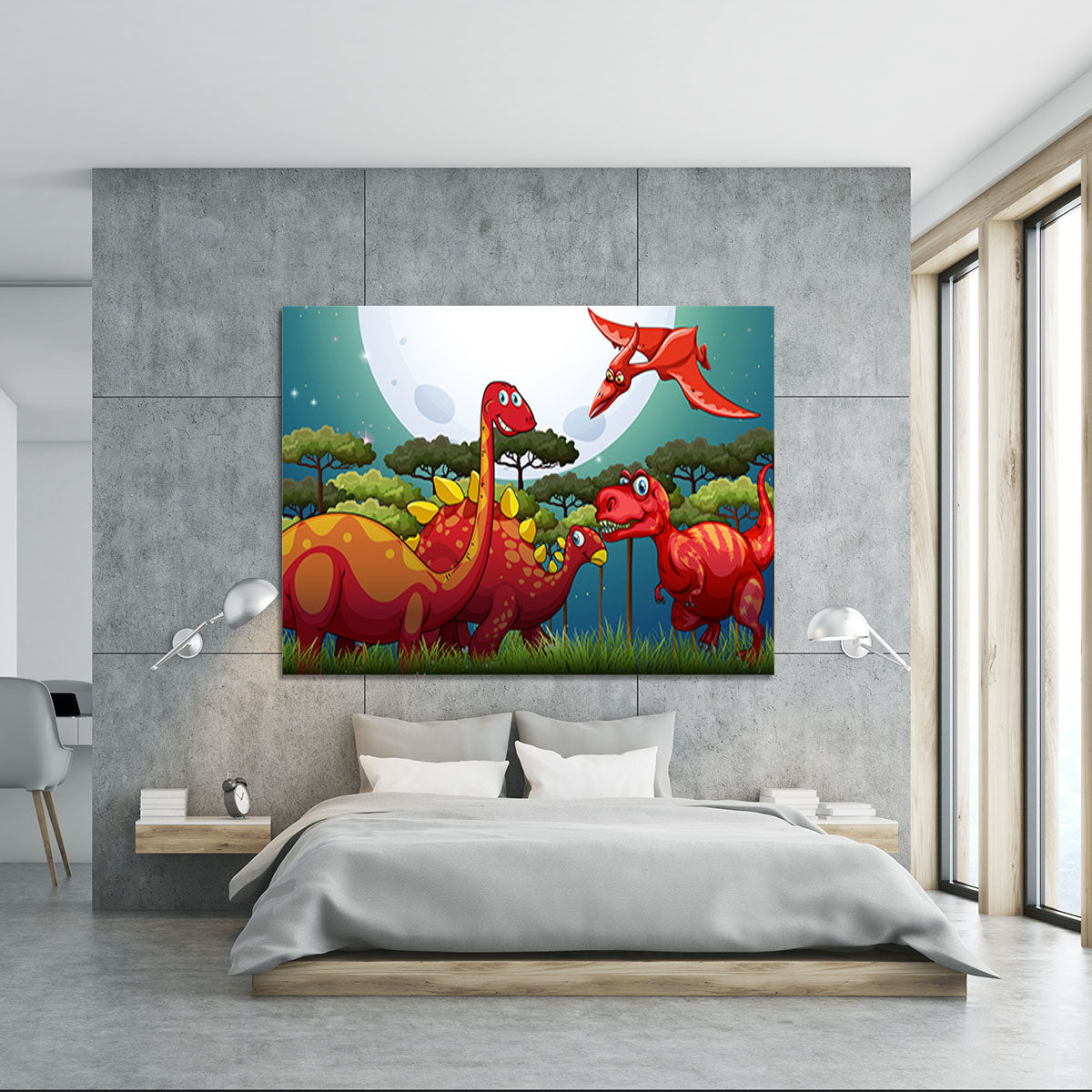 Red dinosuars under full moon Canvas Print or Poster - Canvas Art Rocks - 5