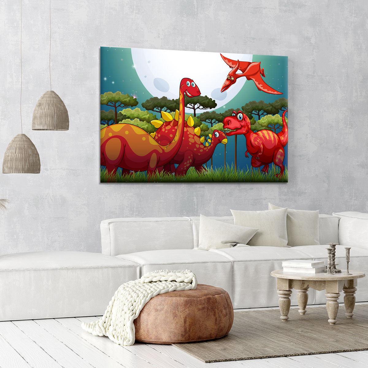 Red dinosuars under full moon Canvas Print or Poster - Canvas Art Rocks - 6