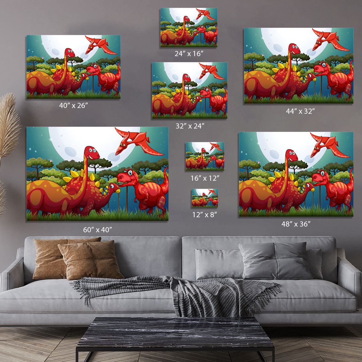 Red dinosuars under full moon Canvas Print or Poster - Canvas Art Rocks - 7