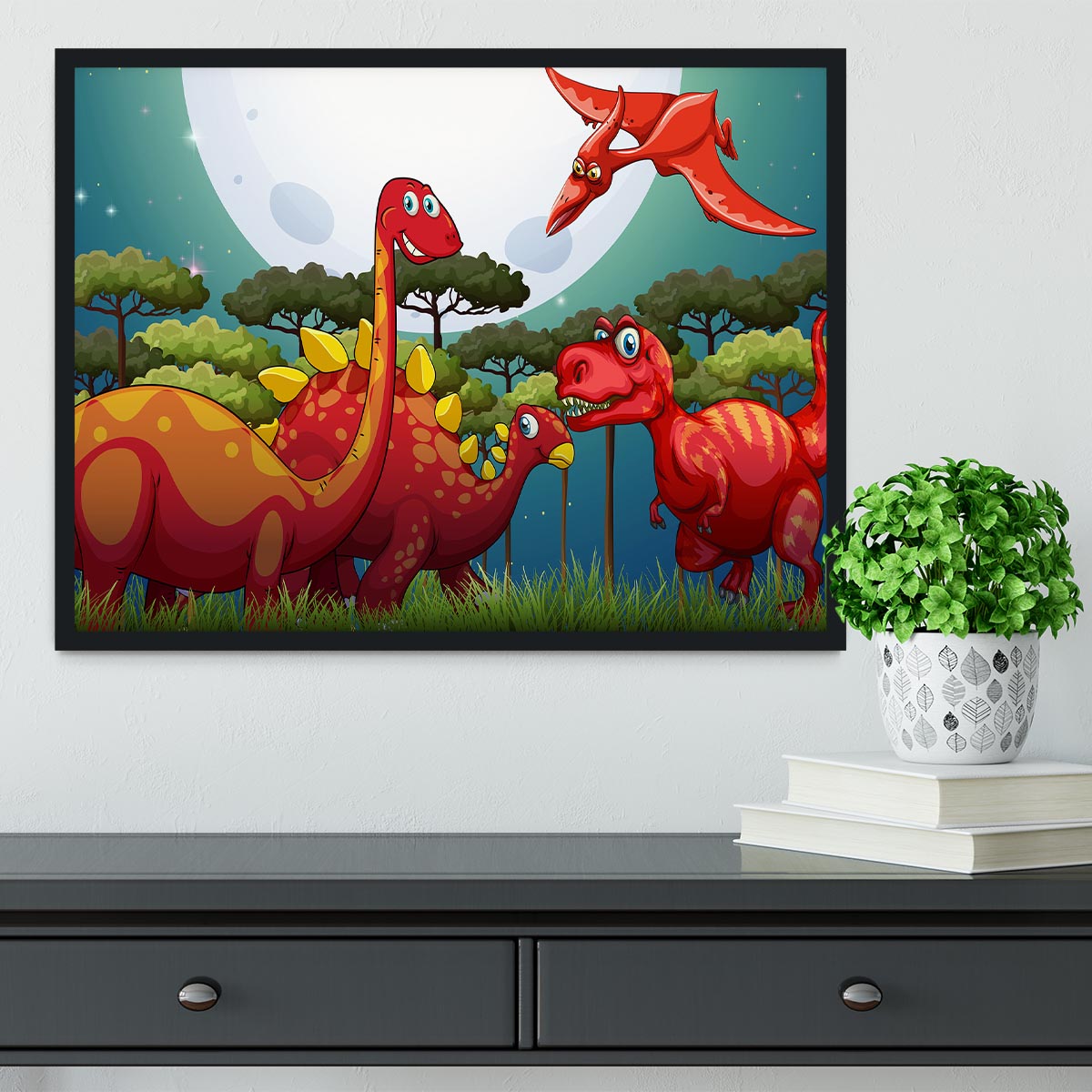 Red dinosuars under full moon Framed Print - Canvas Art Rocks - 2