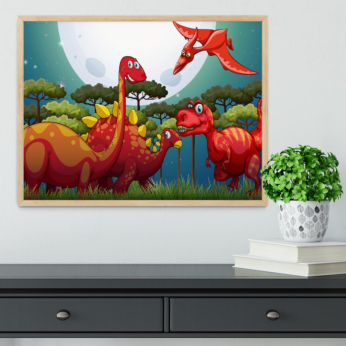 Red dinosuars under full moon Framed Print - Canvas Art Rocks - 4