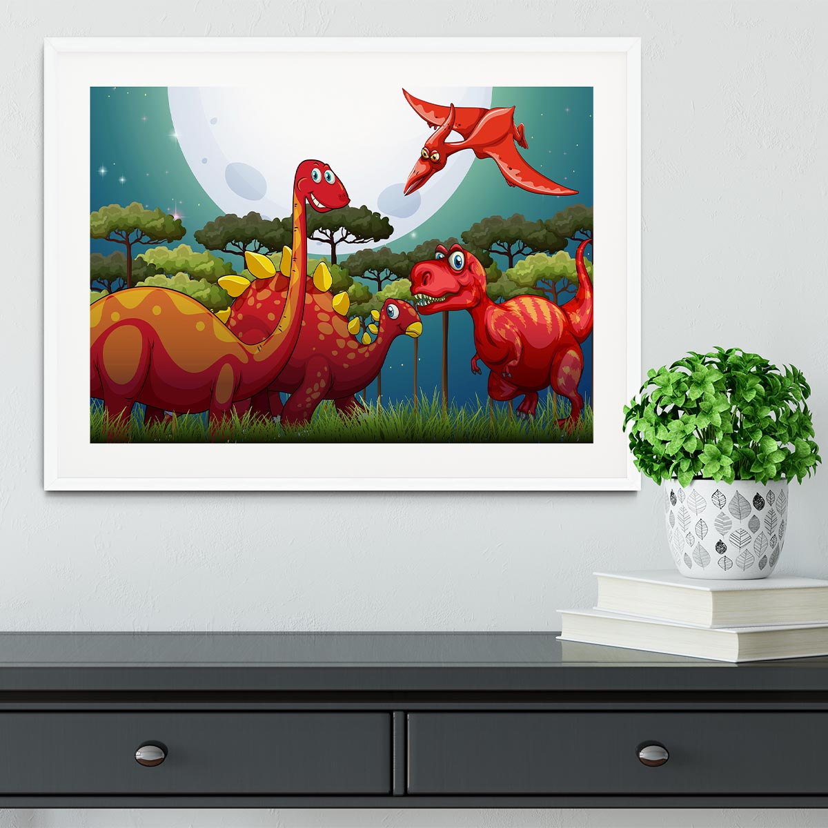 Red dinosuars under full moon Framed Print - Canvas Art Rocks - 5