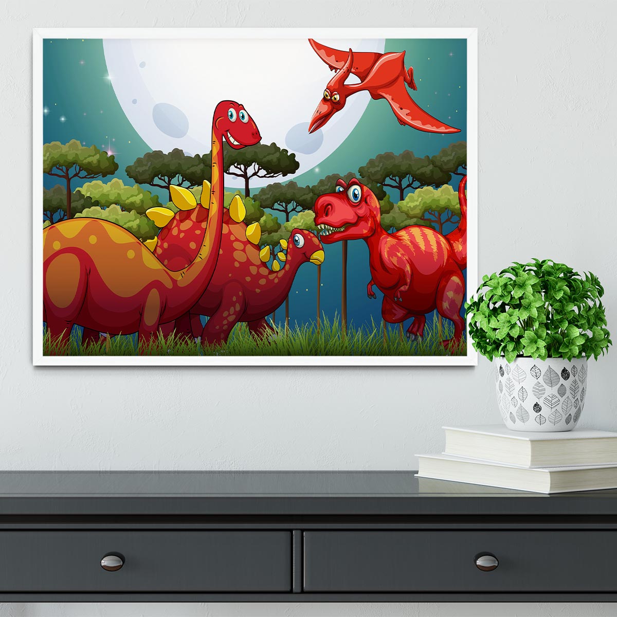 Red dinosuars under full moon Framed Print - Canvas Art Rocks -6