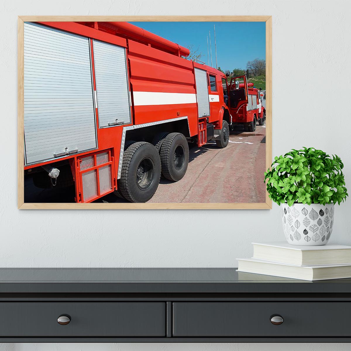 Red fire engine standing on the road Framed Print - Canvas Art Rocks - 4