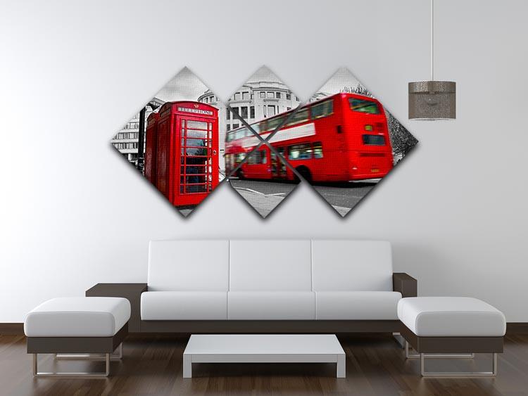 Red phone booth and red bus 4 Square Multi Panel Canvas  - Canvas Art Rocks - 3