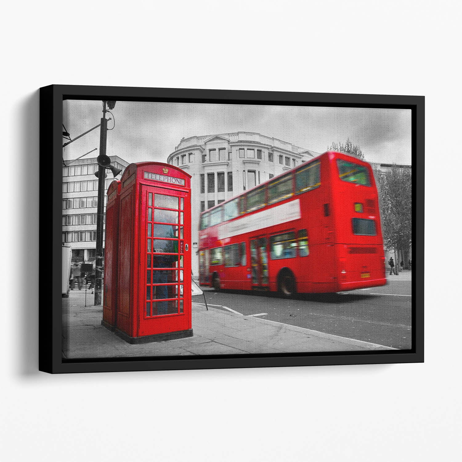 Red phone booth and red bus Floating Framed Canvas