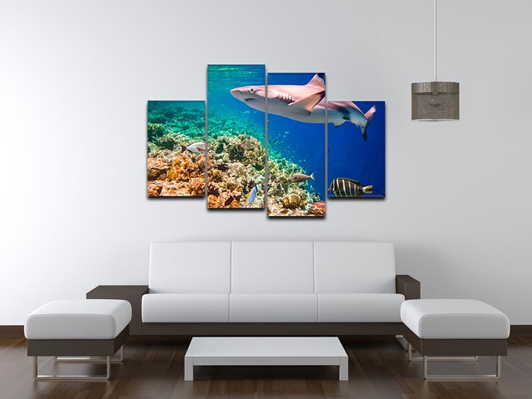 Reef with a variety of hard and soft corals and shark 4 Split Panel Canvas - Canvas Art Rocks - 3