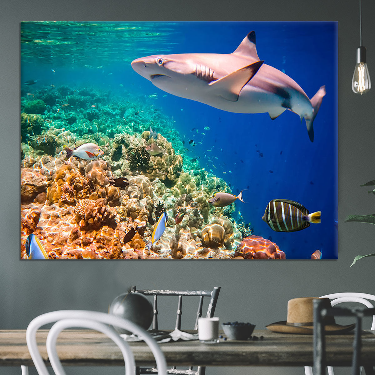 Reef with a variety of hard and soft corals and shark Canvas Print or Poster - Canvas Art Rocks - 3
