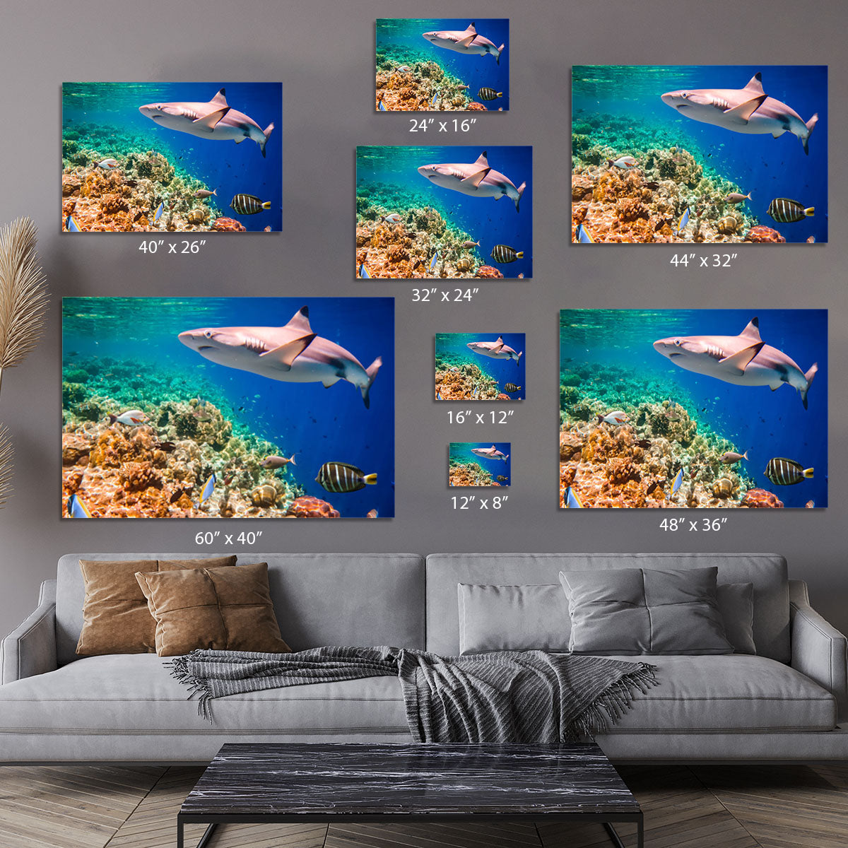 Reef with a variety of hard and soft corals and shark Canvas Print or Poster - Canvas Art Rocks - 7