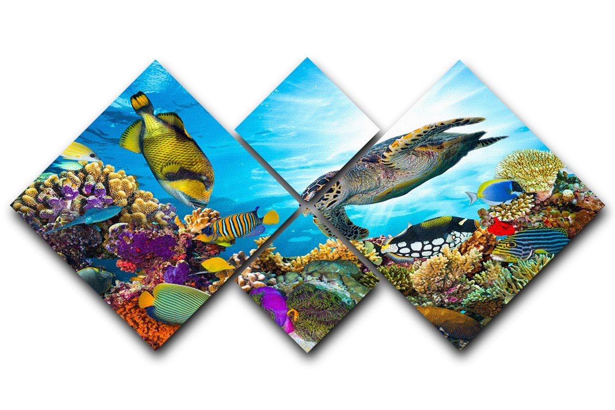 Reef with many fishes and sea turtle 4 Square Multi Panel Canvas  - Canvas Art Rocks - 1